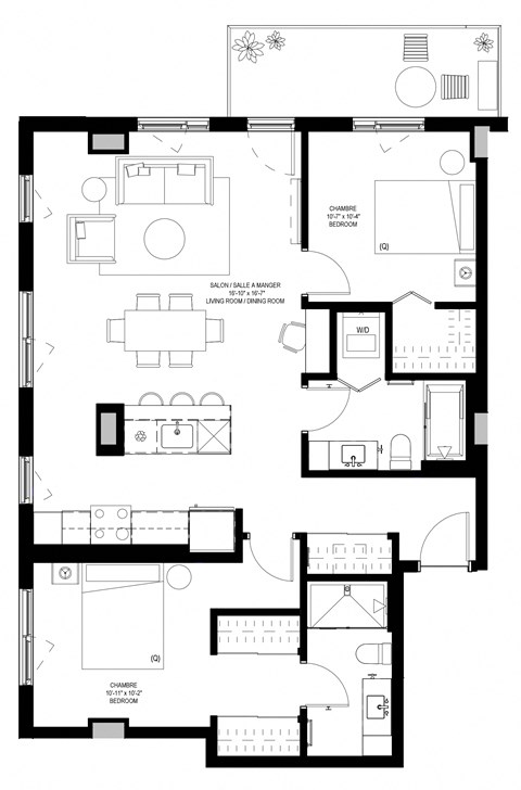 Floor plan for 2 beds, 2 baths, 1046 sqft